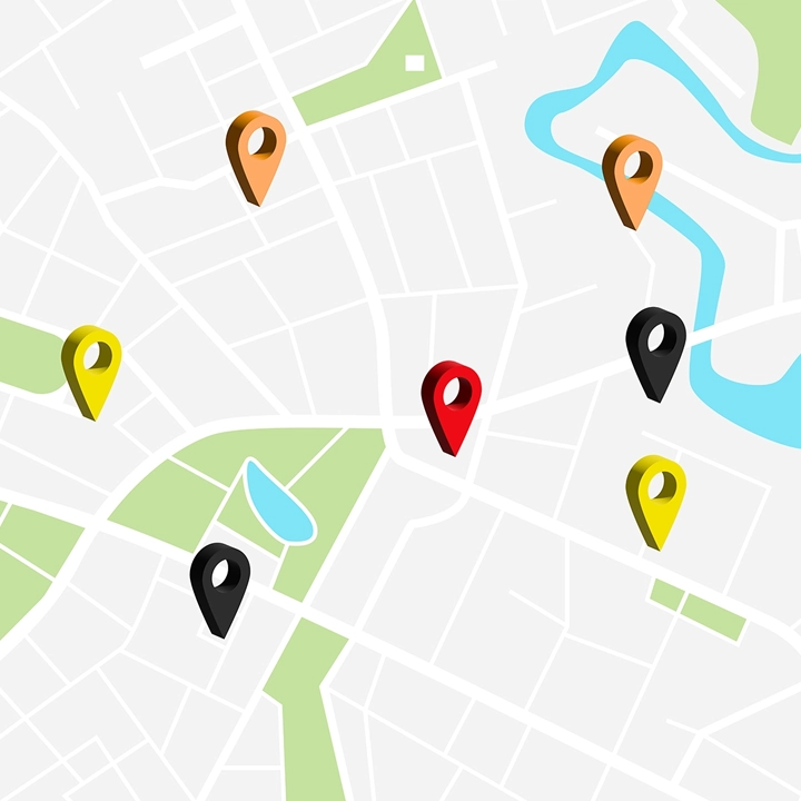 Grafik mit Standortmarkierungen auf einer Karte – FET optimiert Transporttouren für maximale Effizienz, geringeren Kraftstoffverbrauch und reduzierte CO₂-Emissionen.
