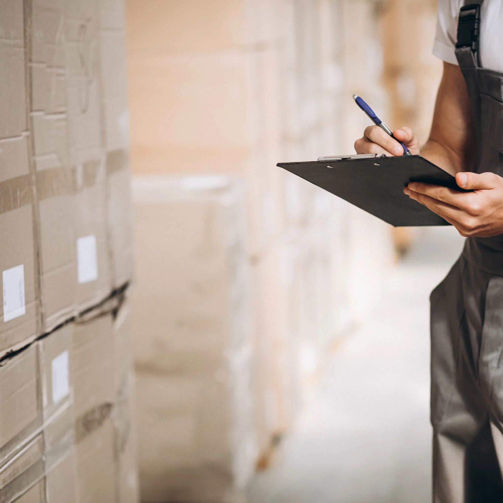 Mitarbeiter mit Klemmbrett im Warenlager – FET bietet professionelle Umschlagleistungen, Kommissionierung, Sortierung und Verpackung für logistische Abläufe.